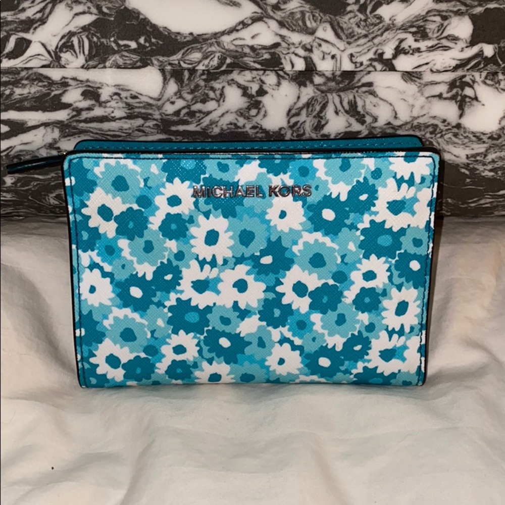 Michael Kors teal and white flower wallet